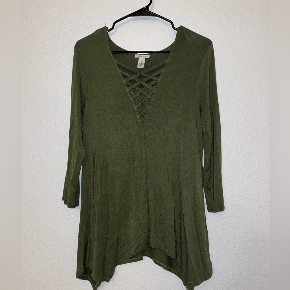 Westbound Olive Green Lattice V-Neck Tunic